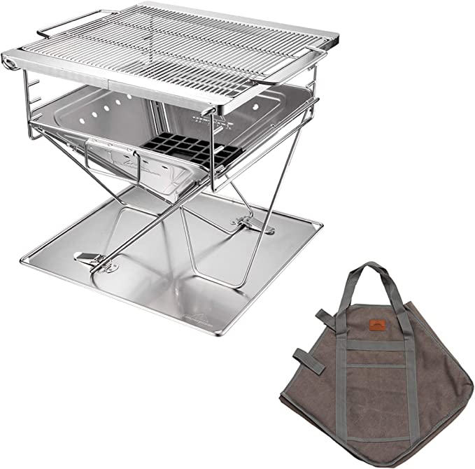 CAMPINGMOON 3-in-1 Portable Stainless Steel Wood Burning Grill and Fire Pit 14x15.35-inch with Carrying Bag MT-035