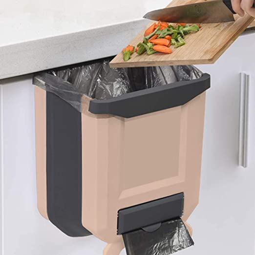 Kitchen Bin,Rubbish Bin Plastic Folding Wall Mounted for Cupboard Door Hanging Trash Can 8L (Beige)