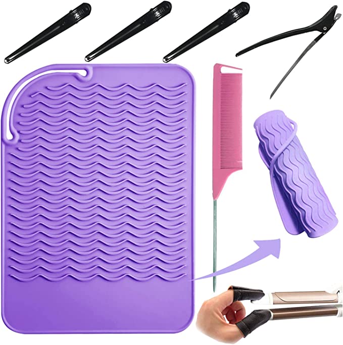 Heat Resistant Mat for Hair Tools, Hair Straightener, Curling Irons, Byhoo Silicone Travel Mat for Hair Tools, Cowhide Finger Protector,4 PCS Hair Clips for Fashion Styling, with Combs, Women, Girls