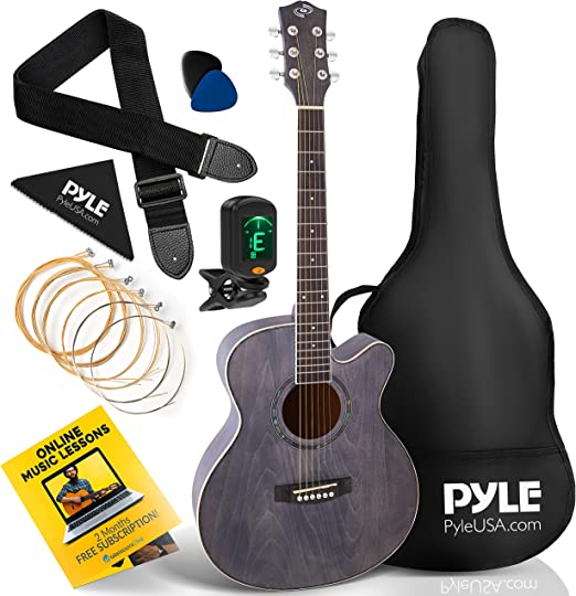 Pyle Acoustic Guitar Beginner Starter Kit Guitarra Acustica Bundle Pack with Cutaway Body Set for Students Practice, Kids, Adults, Right, Gray, one size (PGA550CAB)