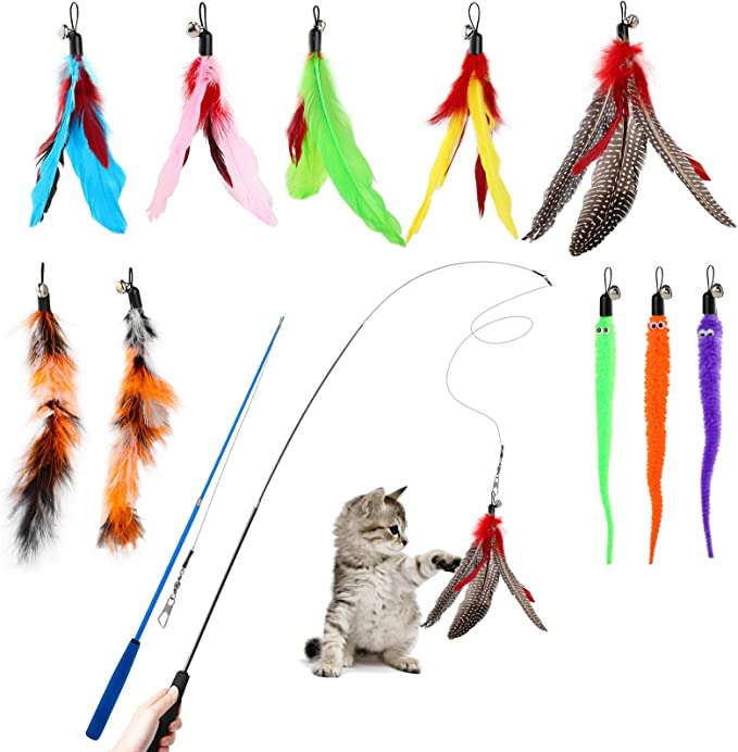 Hianjoo Feather Teaser Cat Toy Set 12 pcs, Interactive Toys for Cats 2 Retractable Cat Wand Funny Sticks and 10 Replacement Feather Teaser with Bell for Kitten Cat Catcher Having Fun Exercise Playing