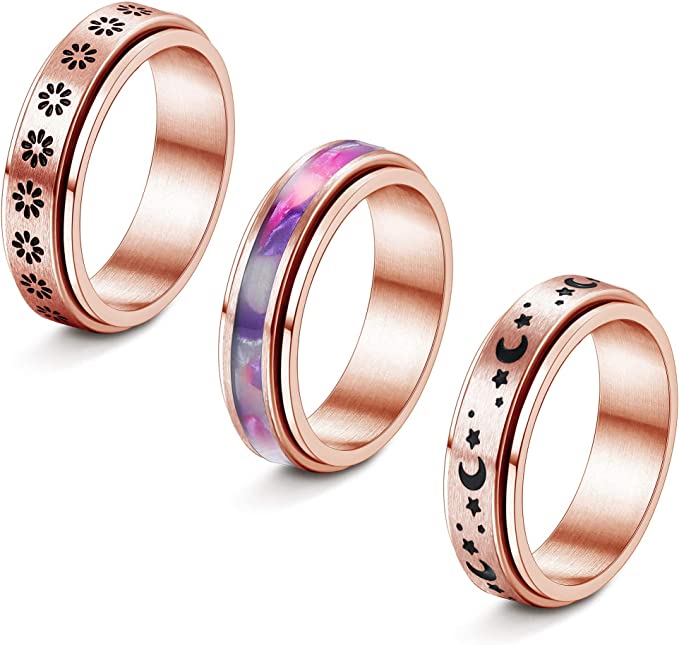 FIBO STEEL 3 Pcs Stainless Steel Spinner Ring for Women Fidget Band Rings Moon Star Flower Ring Set for Stress Relieving Wedding Promise Size 5-12