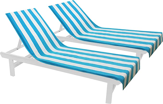 COTTON CRAFT Pool Lounge Chair Cover - 2 Pack - Chaise Beach Picnic Spa Towel - Cabana Stripe - Soft Premium Ringspun Terry Cotton - Oversized - 32 inch Wide x 82 inch Long with 7 inch Pocket – Aqua