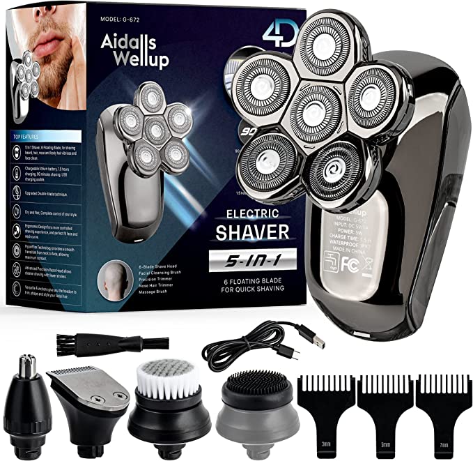 Men's 5-in-1 Electric Head Shaver for Bald Men - Head Shaver for Men - Anti-Pinch - Ergonomic Design - Cordless and Rechargeable.