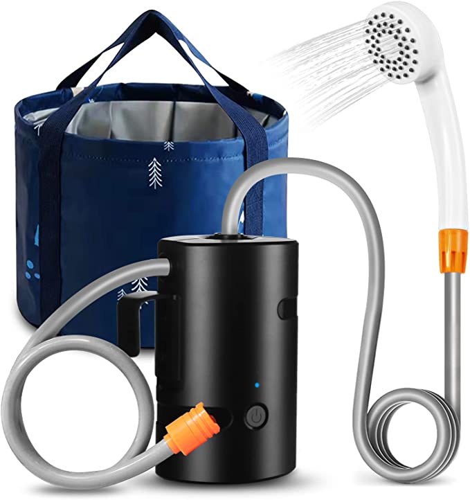 B.TAWD Portable Camping Shower, Built-in 4400mAh, USB Rechargeable IPX7 Waterproof Battery Shower Pump+Collapsible Bucket for Family Camp Hiking Backpacking Travel Beach Pet Flowering, Outdoor