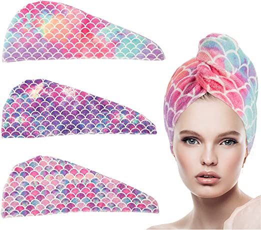 3 Pack Microfiber Hair Drying Towel- Super Absorbent Instant Hair Dry Wrap with Button Anti Frizz Soft Bath Shower Cap Head Towel for Girls Women Ladies Kids Long & Thick Hair Drying Quickly (Mermaid)