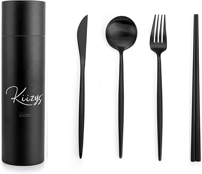 Matte Black Cutlery Set | 16-Piece KiiZYs Chopsticks Korean Utensil Set Gift Box | Fork Spoon Knife 18/10 Stainless Steel Silverware | Kitchen Flatware Dinner Sets Dishwasher Safe (Black, 4 Sets)