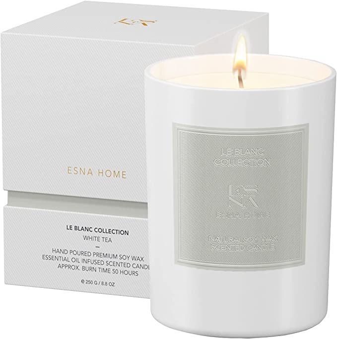 ESNA HOME Leblanc White Tea Premium Aromatherapy Scented Candles | Gifts for Her | All Natural Essential Oils Soy Candles | 8.8oz 50 Hours Long Burning | White Votive Candle with Matching Gift Box