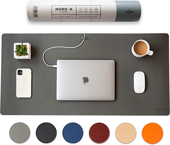 Nordik Leather Desk Mat Cable Organiser (Alaskan Grey 89 X 43 cm) Premium Extended Mouse Mat for Home Office Accessories - Felt Vegan Large Leather Desk Pad Protector & Desk Blotter Pads Decor
