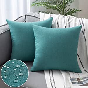 Woaboy Set of 2 Outdoor Waterproof Throw Pillow Covers Decorative Farmhouse Cotton Linen Solid Cushion Cases for Patio Garden Sofa Chairs Turquoise 18x18 inch