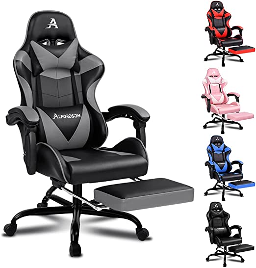 ALFORDSON Gaming Chair with Massage and 150° Recline, Ergonomic Executive Office Chair PU Leather with Footrest, Height Adjustable Racing Chair with SGS Listed Gas-Lift, 180kg Capacity (Vogler Grey)