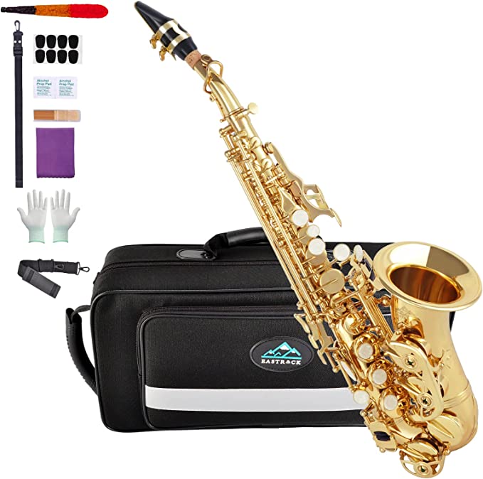 EASTROCK Soprano Saxophone Curved Bb Flat Gold Sax Instruments for Beginners Students Intermediate Players with Carrying Case,Mouthpiece,Pads,Reed,Cleaning kit,neck Strap,White Gloves