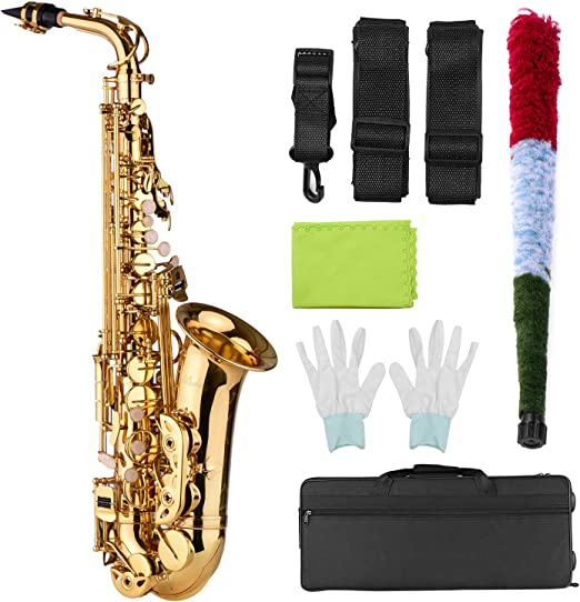 Leeofty AS100 EB Alto Saxophone Brass Lacquered Alto Sax Wind Instrument with Carry Case Straps Cleaning Cloth Brush