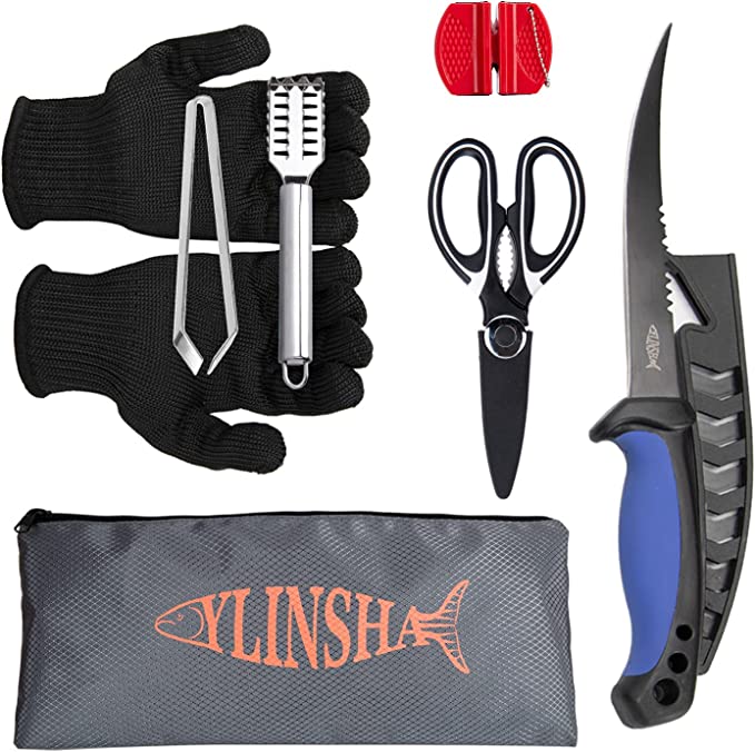 Fish Cleaning Kit Fishing Knife7-PC set Bait Knife With Coating and Scabbard,Knife Sharpener,Multifunctional Scissors,Anti-Cutting gloves,Fish Scale Cleaner Brush,Fishbone Tweezers,Storage Bag