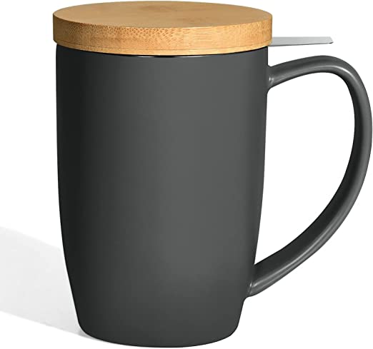 COYMOS Ceramic Tea Mug with Infuser and Lid, 16oz Loose Leaf Tea Cup Large Handle Teaware Mug, Tea Gift Sets for Tea Lover (Gray)
