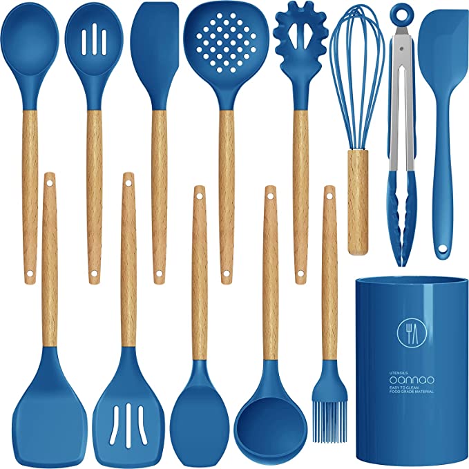 14 Pcs Silicone Cooking Utensils Kitchen Utensil Set - 446°F Heat Resistant,Turner Tongs,Spatula,Spoon,Brush,Whisk, Wooden Handles Blue Kitchen Gadgets Tools Set for Nonstick Cookware (BPA Free)