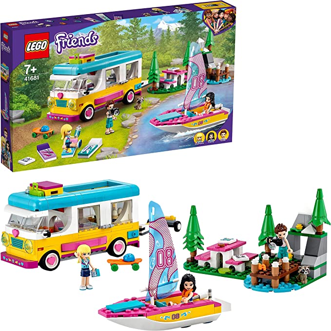 LEGO 41681 Friends Forest Camper Van and Sailboat Camping Adventure Building Set with Boat Toy and Raccoon Animal Figure