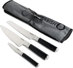 Babish German High-Carbon 1.4116 Steel Cutlery, 3-Piece (Chef Knife, Bread Knife, & Pairing Knife) w/Knife Roll