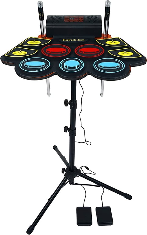 (9 Pads) Electronic Drum Set with Light Up Drumsticks and Stand, Electronic Drum Pad with 5 Different Drum Kit, 10 Unique Rhythms, Bulit-in Double Speakers , Roll Up Drum Kit, Kids Drum Set