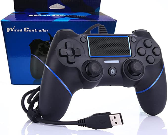 Intckwan Wired Game Controller for PS4/Pro/Slim/PC/Laptop, USB Plug Gamepad Joystick with Dual Vibration and Anti-Slip Grip, Ergonomic, 2M Cable （blue&black）