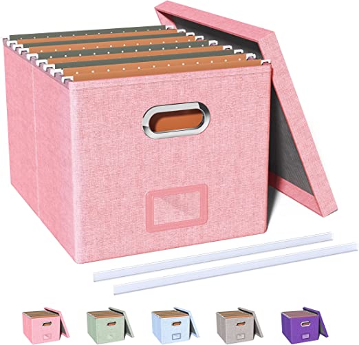 Oterri File Storage Organizer Box,Filing Box,Portable File Box with Lid,Fit for Letter/Legal File Folder Storage, Easy Slide Durable Hanging File Box for Office/Decor/Home,1 Pack,Pink