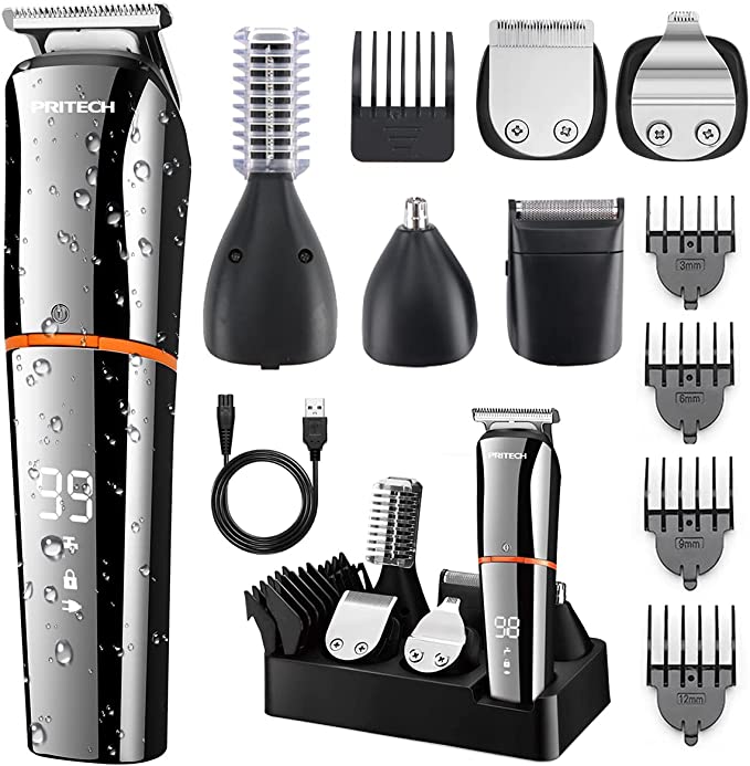 PRITECH Beard Trimmer Hair Clippers Professional Mens Grooming Kit Cordless Waterproof Nose Trimmer Body gifts for men 6 In 1 Haircutting Kit