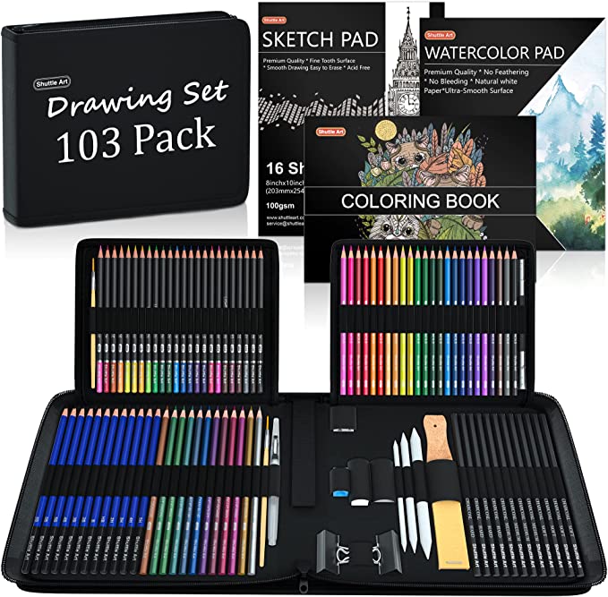 Drawing Kit, Shuttle Art 103 Pack Drawing Pencils Set, Sketching and Drawing Art Set with Coloured Pencils, Sketch and Graphite Pencils in Portable Case, Drawing Supplies for Kids, Adults and Artists