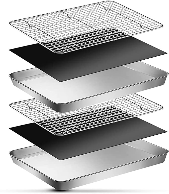 EMDMAK 6 Piece Baking Sheets with Cooling Rack Set, 16 x 12 x 1 Inch Stainless Steel Cookie Sheet and Wire Rack & Baking Mat for Baking, Dishwasher Safe