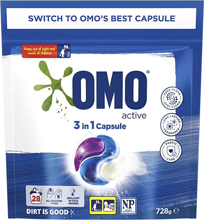 Omo Laundry Liquid Triple Capsules, 3 in 1 Capsule, Active 28 Pack