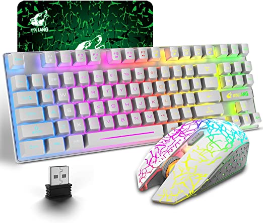 Wireless Gaming Keyboard and Mouse Combo with 87 Key Rainbow LED Backlight Rechargeable 3800mAh Battery Mechanical Feel Anti-ghosting Ergonomic Waterproof RGB Mute Mice for Computer PC Gamer (White)
