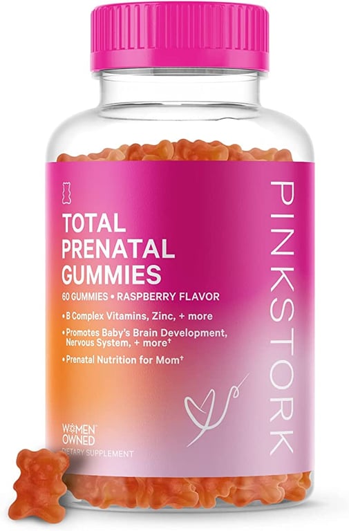 Pink Stork Total Prenatal Gummies: Raspberry Prenatal Vitamin Gummy, B Vitamins, Folate, Iron, Pregnancy Essentials, Morning Sickness Support, Women-Owned, 60 Naturally Flavored Gummies