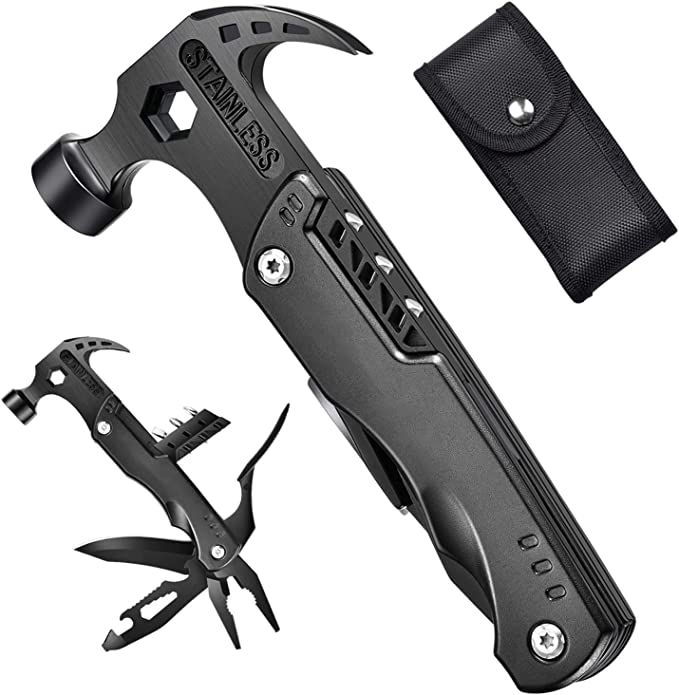 Gifts for Men Dad Husband, Camping Multitool, All in One Survival Tools with Knife Hammer Saw Screwdrivers Pliers Bottle Opener Durable Sheath, Christmas Birthday Fathers Day for Him Boyfriend (Hammer)