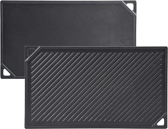 GasSaf Cast Iron Reversible Griddle, 16.5 Inch x 9.5 Inch Double Sided Grill Pan Perfect for Gas Grills and Stove Top