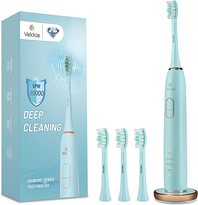 Vekkia Electric Toothbrush, Sonic Cleaning Rechargeable Toothbrush with Timer, Pressure Sensor, 4 Modes, 4 Brush Heads, Charge Lasts for 180 Days, Best Toothbrush for Adults (Blue Diamond)
