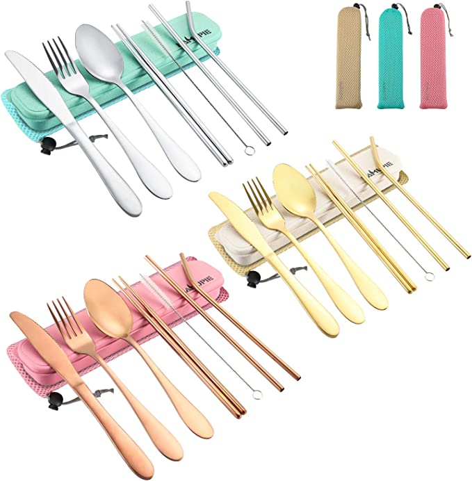 NAMUPIE Stainless Steel Travel Utensil Set 9 Piece Reusable Travel Utensils Silverware with Case,Travel Camping Cutlery Set, Knives, Forks and Chopsticks for Camping, Portable Flatware Cutlery Set with Case (GREEN)