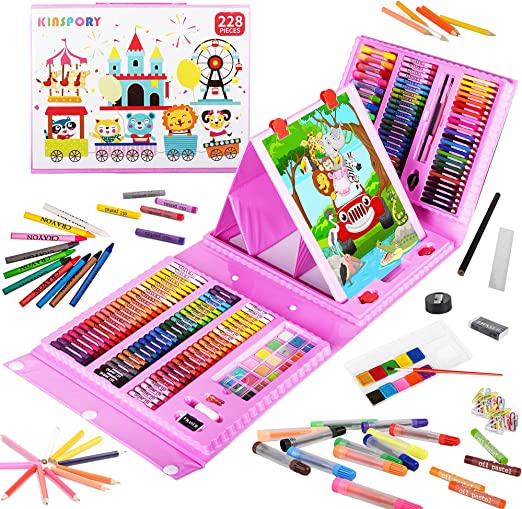 228 PCS Art Set with Double-Side Easel, KINSPORY Drawing Painting Coloring Set & Art Craft Kit, Art Supplies Gift Case for Budding Artists Kids Teens Girls Boys 4 5 6 7 8 9 10 11 12 (Pink)