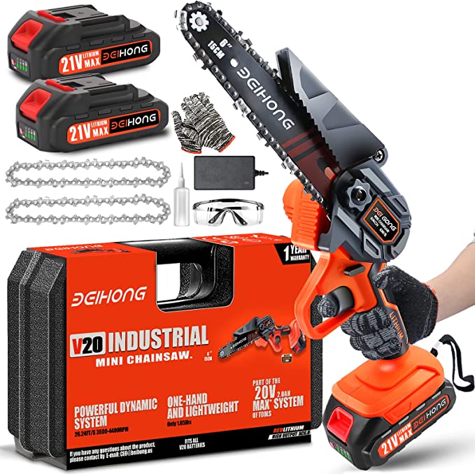 Mini Chainsaw Cordless 6-Inch with 2 Battery, Mini Power Chain Saw with Security Lock, Handheld Small Chainsaw for Tree Trimming Wood Cutting