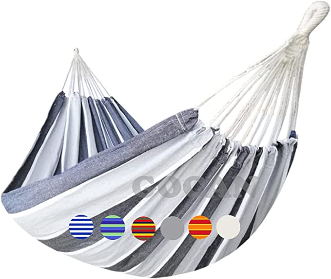 GOCAN Brazilian Double Hammock 2 Person Extra Large Canvas Cotton Hammock for Patio Porch Garden Backyard Lounging Outdoor and Indoor (Gray Stripe)