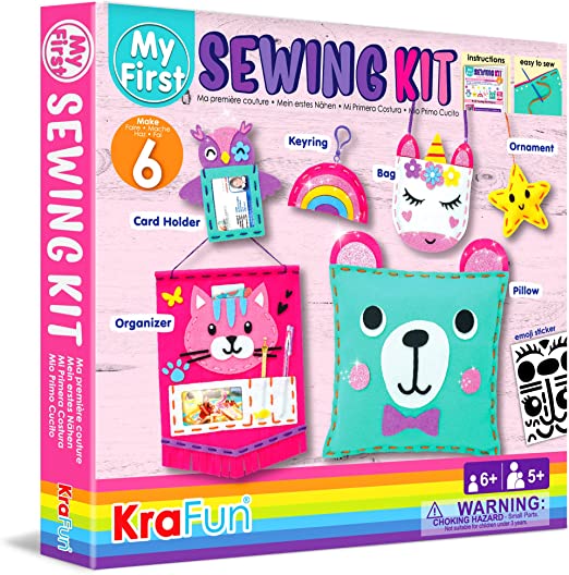 KRAFUN Beginner My First Sewing Kit for Kids Art & Craft, Includes 6 Easy Projects Stitch Stuffed Animal Dolls and Plush Craft Pillow, Instruction & Felt Materials for Learn to Sew, Embroidery Skills