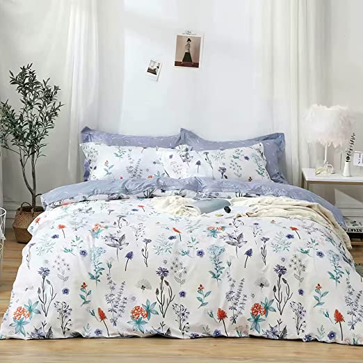 Floral Botanical Quilt Cover Set Soft Microfiber Cover Bedding with Zipper Closure & Corner Ties Suitable for Women & Men's Bedroom(3pcs, Queen Size)