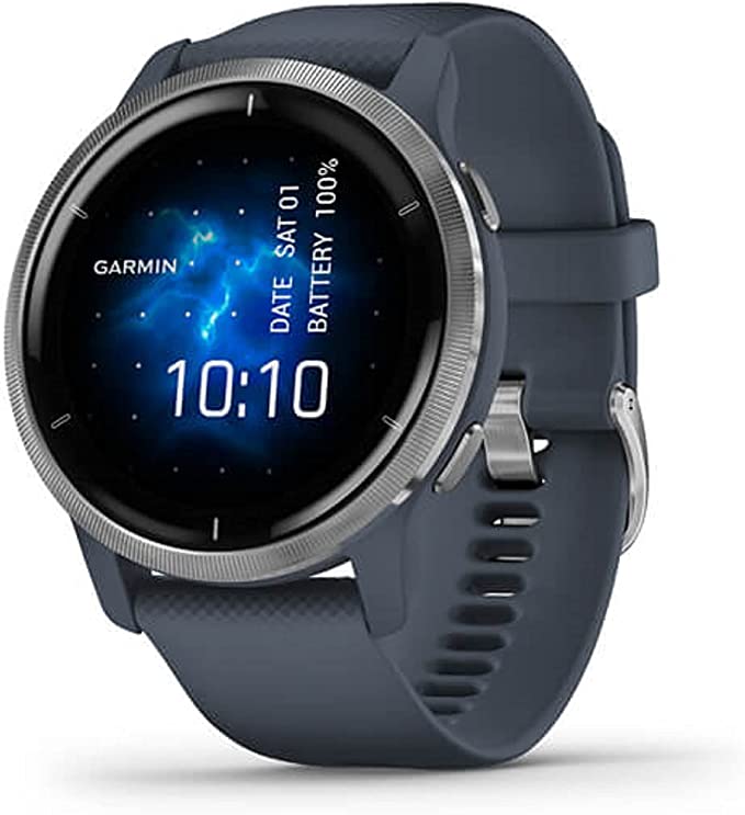 Garmin Venu 2, GPS Fitness Smartwatch, Silver Stainless Steel Bezel with Granite Blue Band