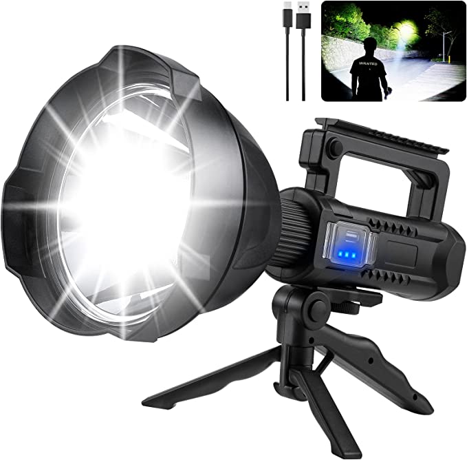 LED Rechargeable Spotlight with Upgraded P70 Chip, 90000 Lumen Super Bright Searchlight with 4 Modes & Waterproof Large Handheld Flashlight for Fishing, Camping, Working with Tripod & Power Output