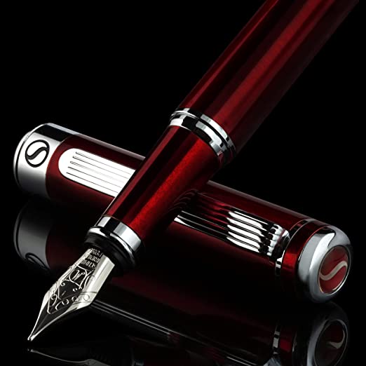 Scriveiner Deep Crimson Red Fountain Pen - Stunning Luxury Pen with Chrome Finish, Schmidt Nib (Medium), Best Pen Gift Set for Men & Women, Professional, Executive, Office, Nice Pens