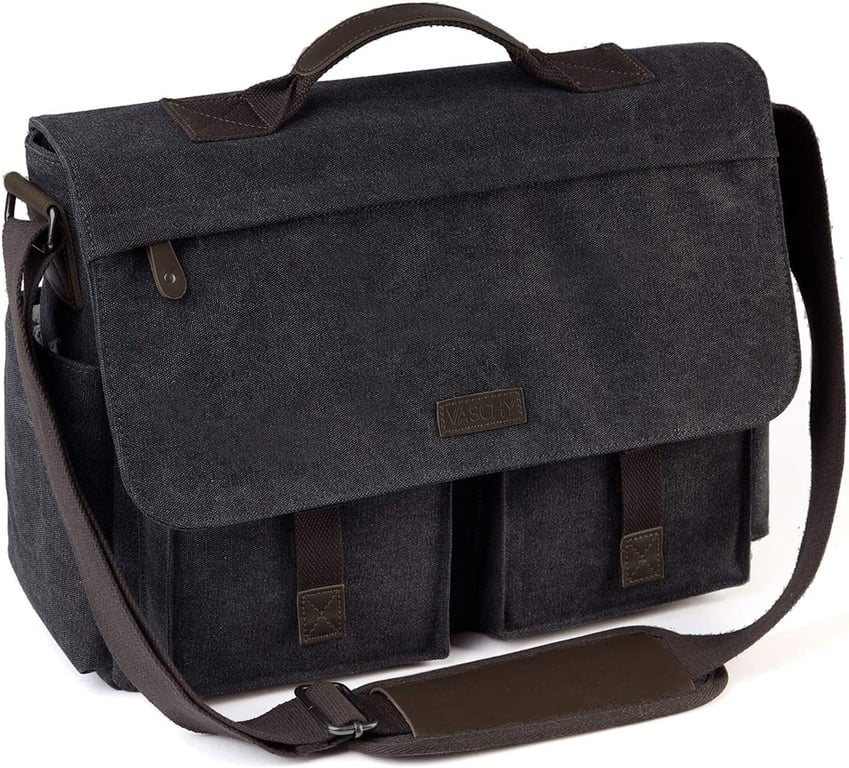 Messenger Bag for Men, VASCHY Vintage Water Resistant Waxed Canvas Satchel 15.6-17 inch Laptop Briefcase Shoulder Bag with Padded Shoulder Strap