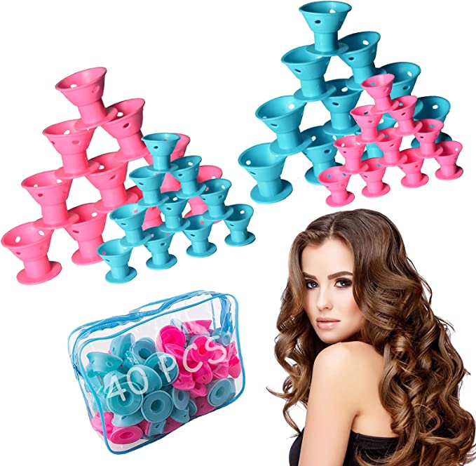 40 Pcs Magic Hair Rollers, Smilco Silicone Hair Curlers Set Including 20 Large and 20 Small for Women Girls (Pink&Blue)