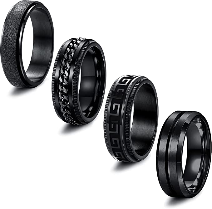 FIBO STEEL 4Pcs Black Spinner Rings for Men Women Fidget Rings Cool Chain Inlaid Stainless Steel Stress Relieving 8mm Wide Wedding Promise Band Rings Set Size 6-13