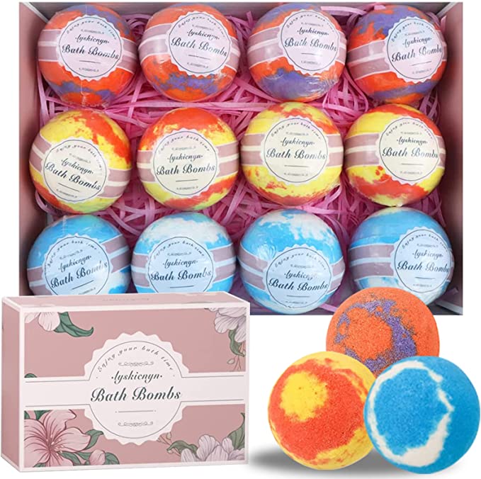 Lyskicnyn Bath Bombs,Gifts for Women,Fizzes,Moisturizing SheaButter&Bath Salts for Relaxation and Spa,Mothers Day Valentine's Day Birthday Gifts for Wife Girlfriend Sister(Huge 100g),12 Count 1Pk.