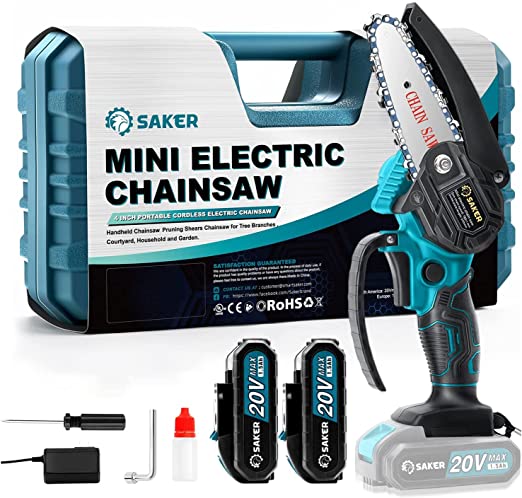 Saker Mini Chainsaw,4 Inch Portable Electric Chainsaw Cordless,Handheld Chain Saw Pruning Shears Chainsaw for Tree Branches , Courtyard, Household and Garden(SAKER MINI CHAINSAW + 2 BATTERIES)