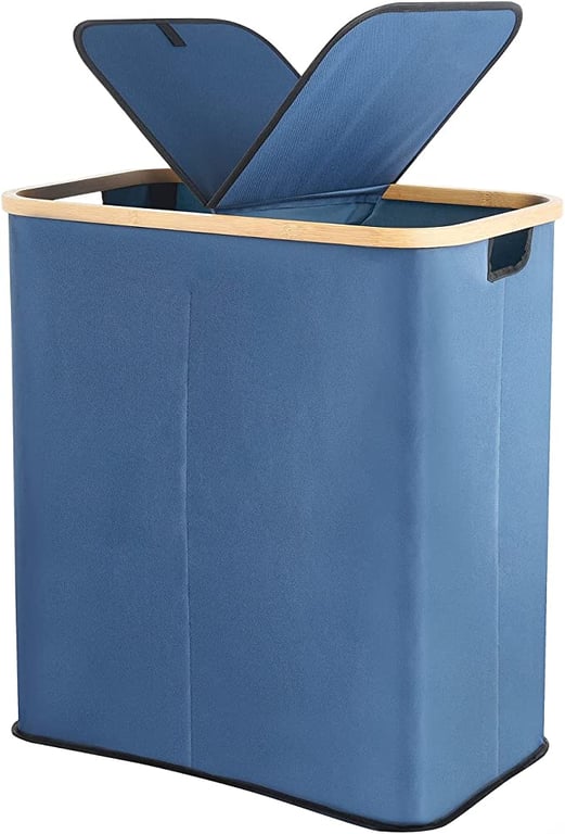 ALINK Divided Folding Bamboo & Canvas Laundry Hamper- Double Large Laundry Basket with Lid - Modern Collapsible Hamper with Handles, Waterproof Liner, Great for Kids, Adults, Bedroom, Bathroom, Living Room, College Dorm-Blue