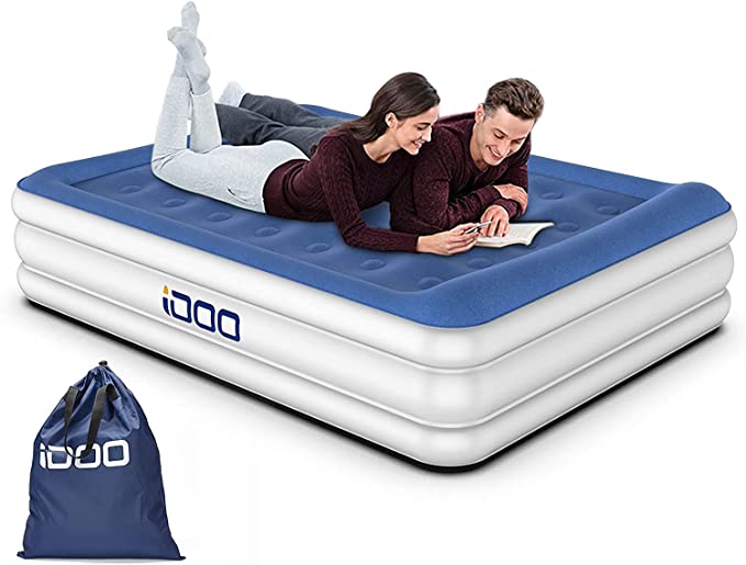 iDOO Queen Size Air Mattress with Pillow, Inflatable Bed with Built-in Pump and Pillow, Comfortable Flocked Surface Blow Up Mattress, 3 Mins Self-Inflation/Deflation for Home Camping 203x152x46cm